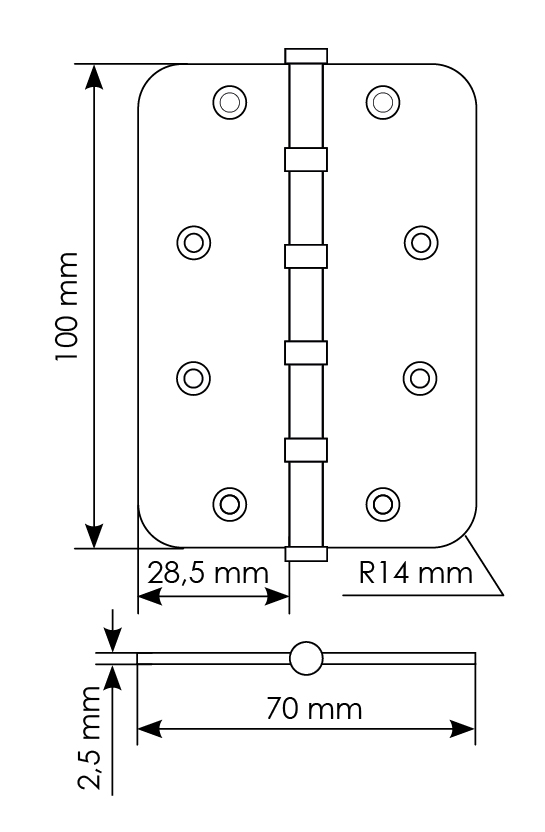 Петля стальная MSN-C 100X70X2.5-4BB SG скругленная универсальная с подшипником, вес полотна до 40 кг, цвет матовое золото фото купить в Кемерово